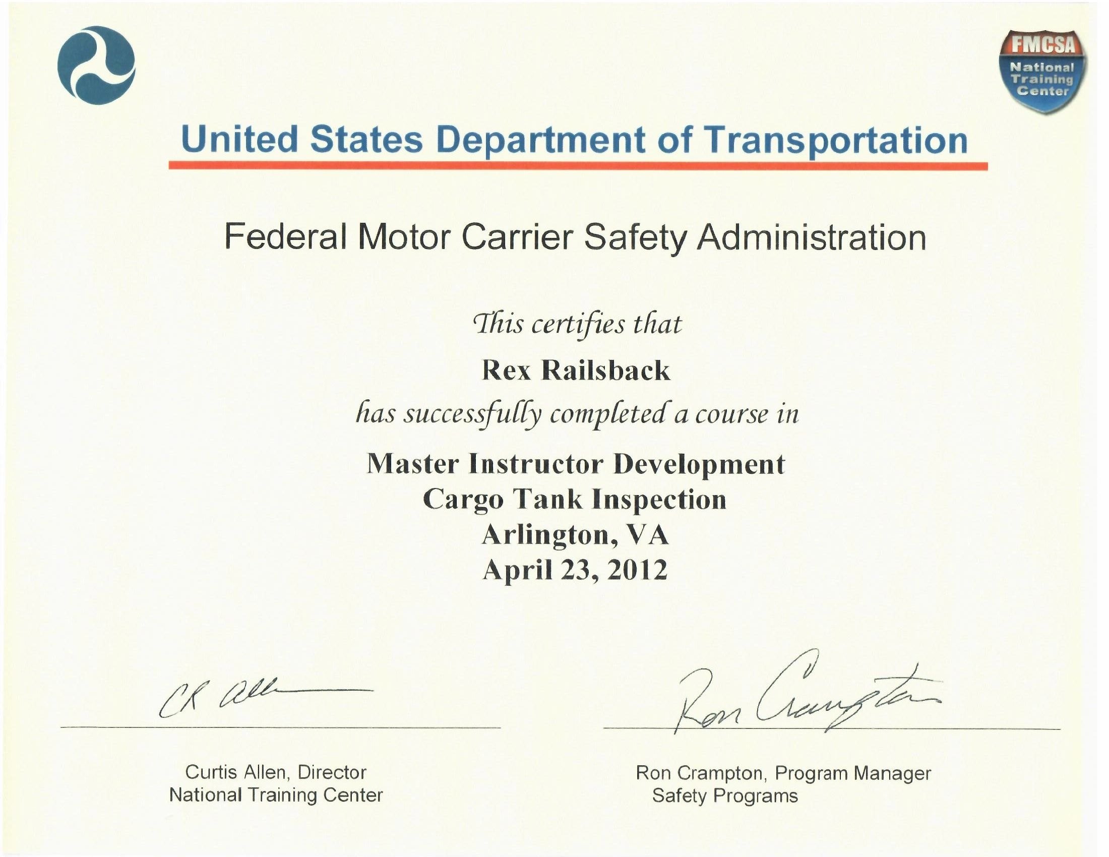 FMCSA Master Instructor Development — Cargo Tank Inspection certificate