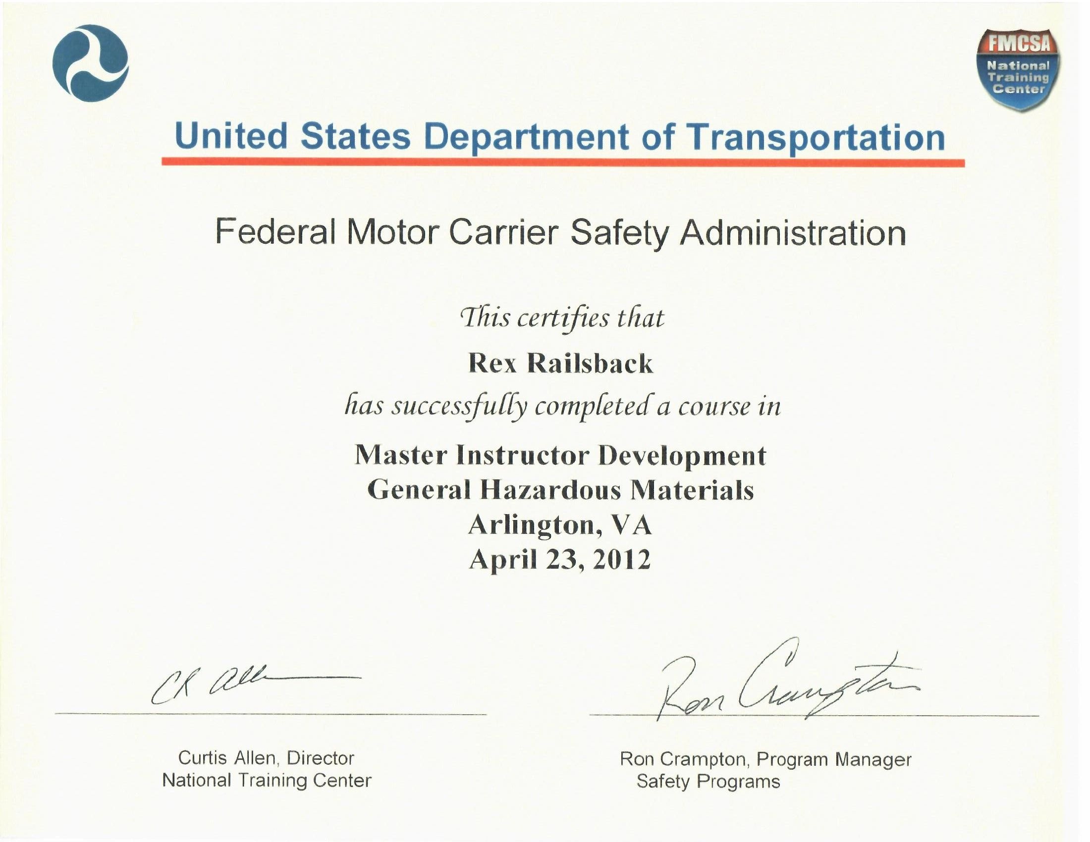 FMCSA Master Instructor Development — General Hazardous Materials certificate